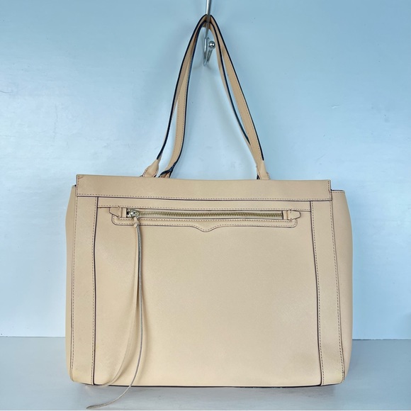 REBECCA MINKOFF Monroe Sand Saffiano Structured Leather Tassel Shoulder Bag Tote - Picture 2 of 16
